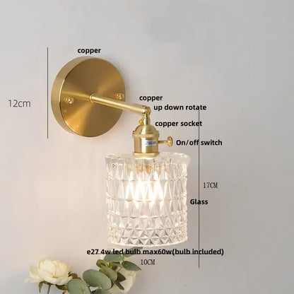 Nordic gold brass led wall sconce with clear faceted glass shade and copper finish decorbites brass led bedroom light