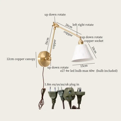 Copper wall lamp with adjustable arms and white ceramic shade suitable for decorbites ceramic led wall lighting