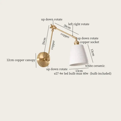 A sleek adjustable ceramic led wall lamp with polished copper finish and white ceramic shade for bedroom decorbites ceramic led