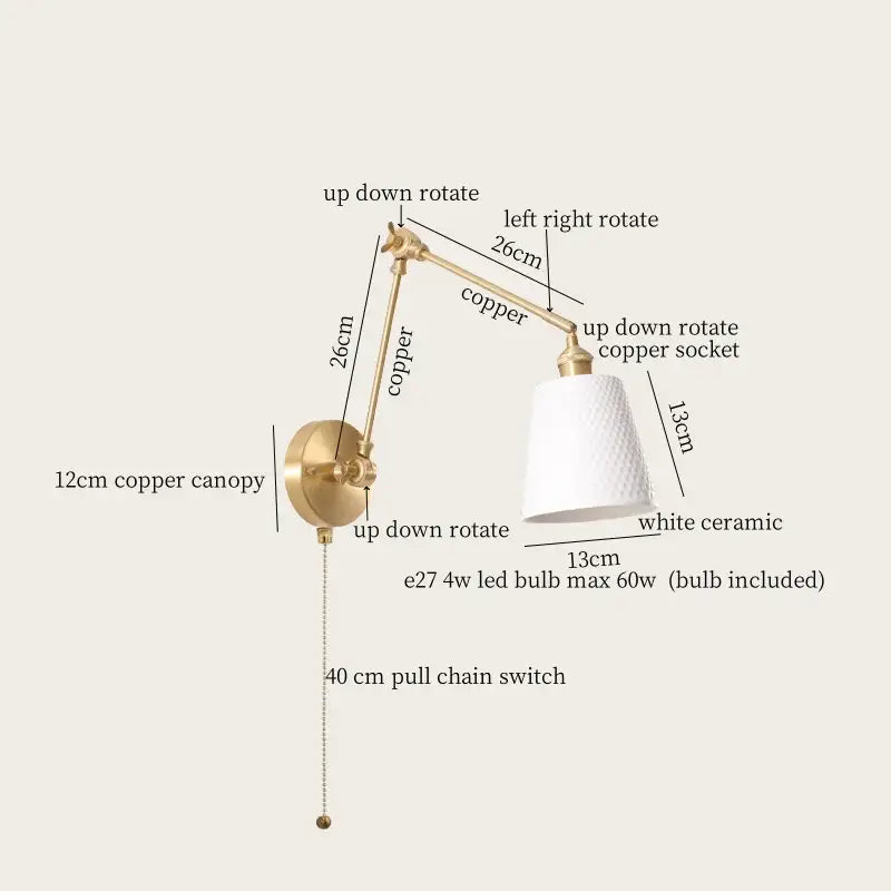 A sleek adjustable copper wall lamp with a white ceramic shade and e27 led bulb decorbites ceramic led wall lighting