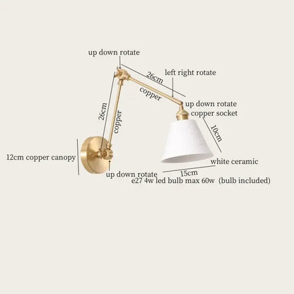 A sleek copper wall lamp with ceramic led adjustable arms and a white ceramic shade for versatile bedroom decorbites ceramic led lighting