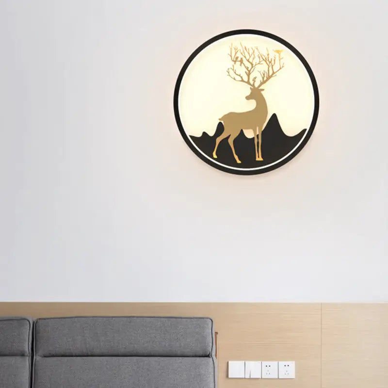 Nordic gold deer circle wall lamp black white fixture with golden deer silhouette and cream background for bedroom lighting
