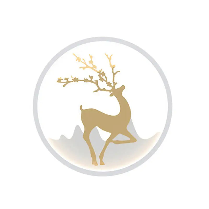 A minimalist gold deer silhouette with antlers adorned in delicate branches, set within a circular frame.