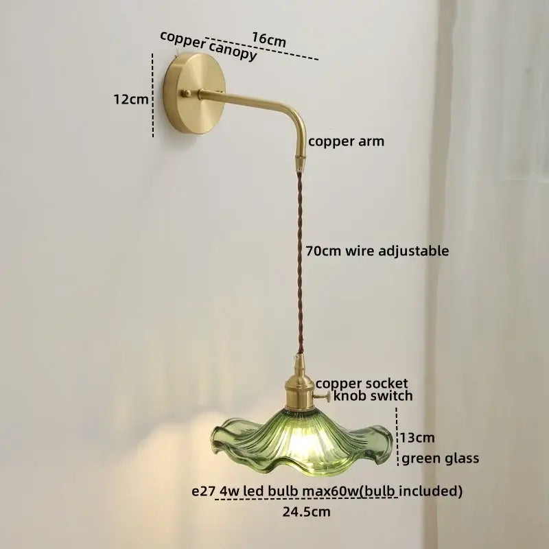 Vintage wall sconce lamp with brass copper arm, adjustable 70cm braided wire, and flared green glass shade for bedroom use