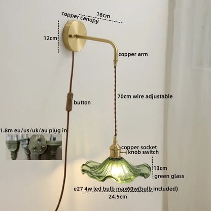 Nordic gold etched glass wall sconce lamp with brass copper arm and adjustable wire suspending green glass shade