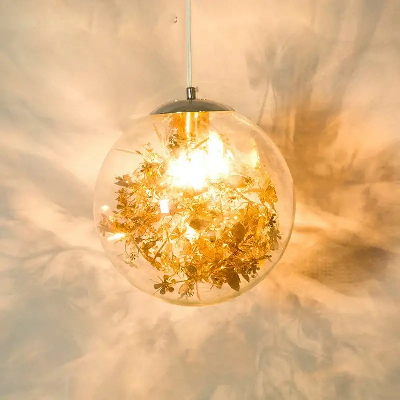 Nordic gold floral glass led pendant lamp with warm glow and dried flowers inside glass led pendant for kitchen
