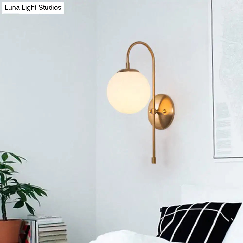 Nordic gold wall sconce with curved arm and milky glass shade suitable for 220v-240v 110v-120v led incandescent fluorescent