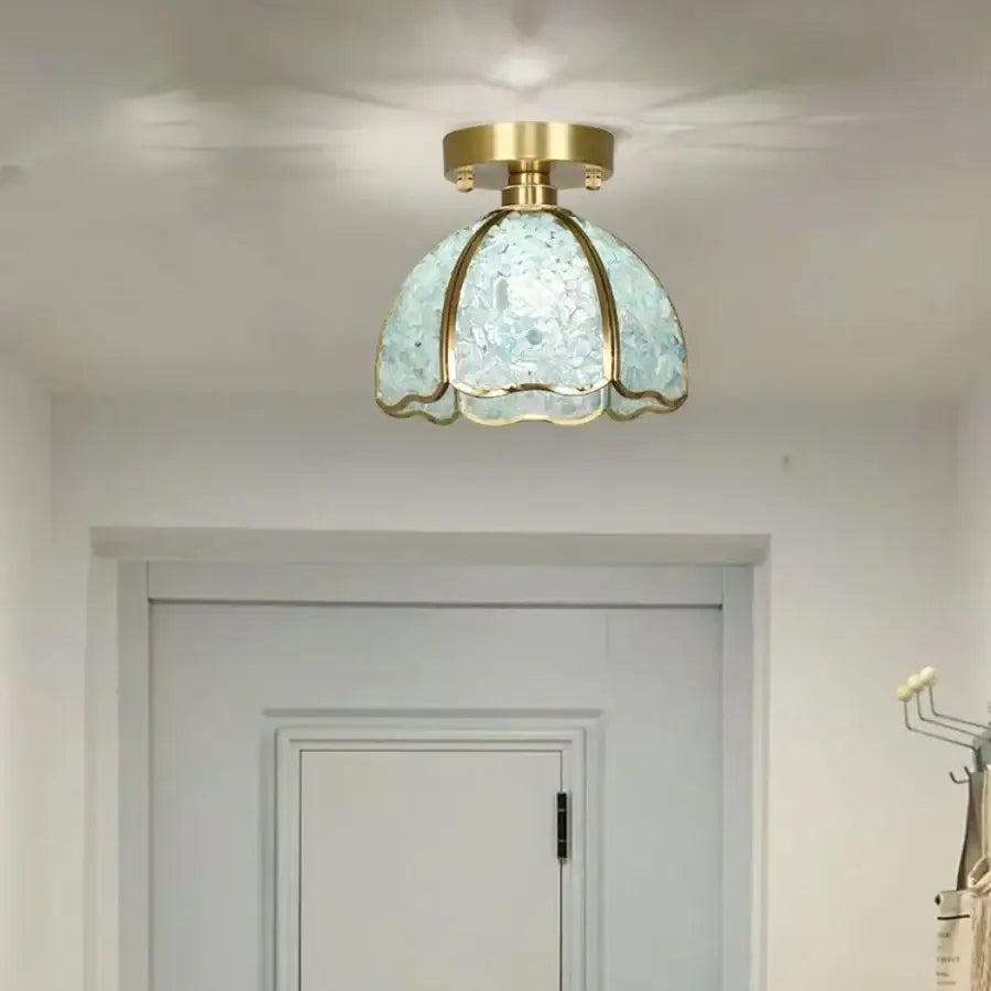 Delicate light blue textured glass crystal ceiling light with gold scalloped frame for bedroom use