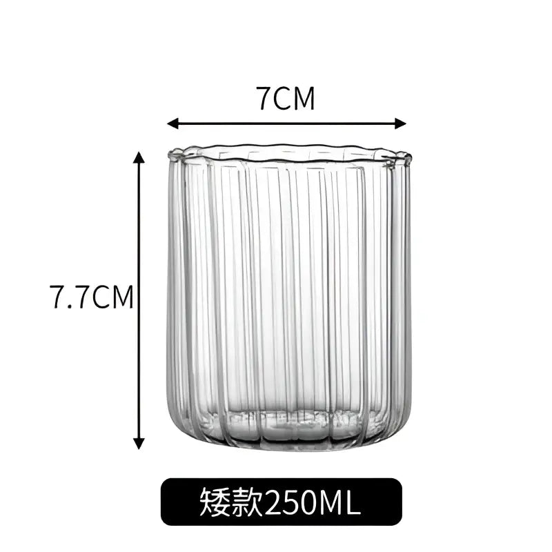 Clear glass ripple cup with vertical ridges 7cm wide 7.7cm tall nordic design heat resistant dining room use