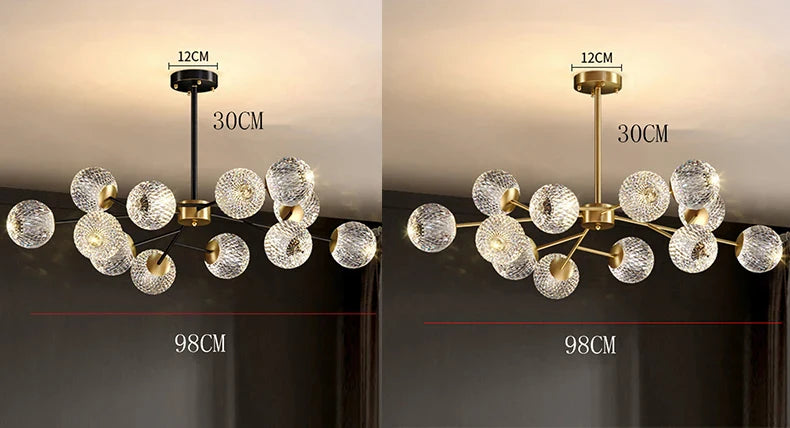 Modern chandelier with gold-finished metal frame and clear textured glass globe shades for nordic dining room lighting