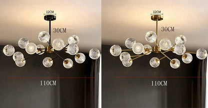 Modern chandelier pendant lamp with brass finish and clear faceted glass globes for nordic dining room decor