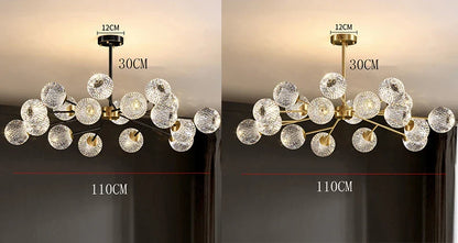 Modern chandelier with gold-finished metal frame and clear textured glass globe shades for Nordic dining room lighting