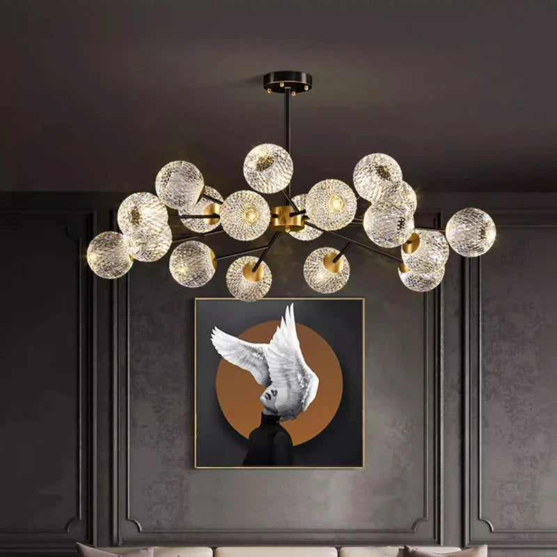 Modern chandelier with clear textured glass spheres and brass fixture for nordic dining room indoor pendant lighting