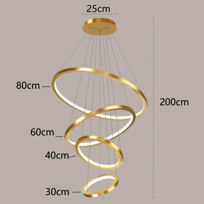 Gold-toned spiral pendant light with illuminated concentric rings for nordic home decor stair and decorbites nordic home use
