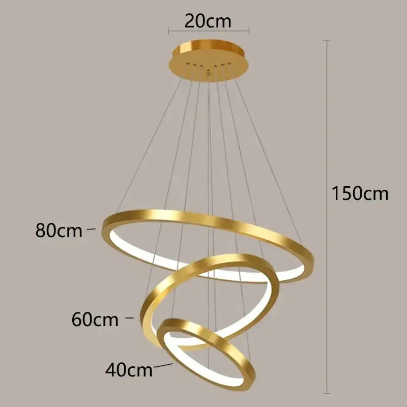 Gold-toned spiral ring chandelier with three concentric circular tiers for nordic home decor stair lighting by decorbites nordic home