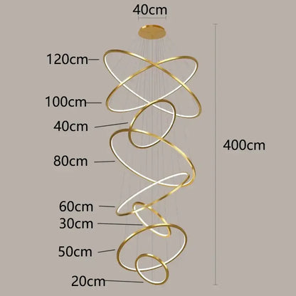 Gold-toned spiral ring chandelier with interlocking circles for nordic home decor stair lighting by decorbites nordic home