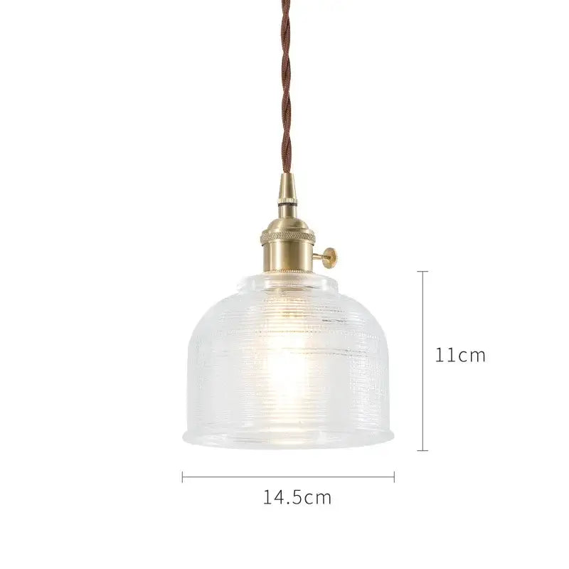 Nordic japan style glass pendant lights with clear textured glass, brass fixture, and twisted brown cord for dining room