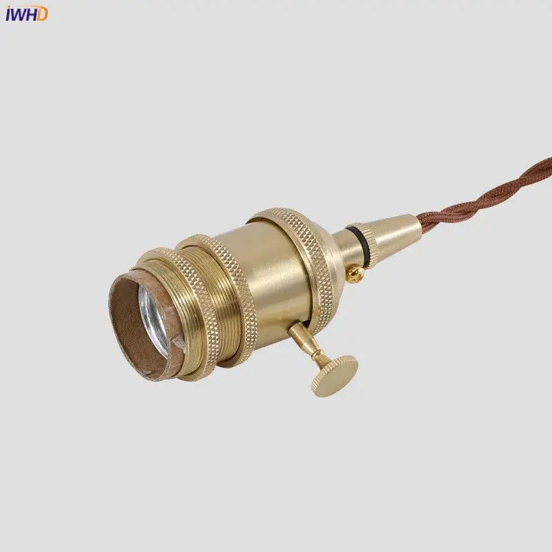 Brass-finished vintage-style lamp socket with textured ridged bands and twisted brown fabric wire for nordic japan style pendant lights