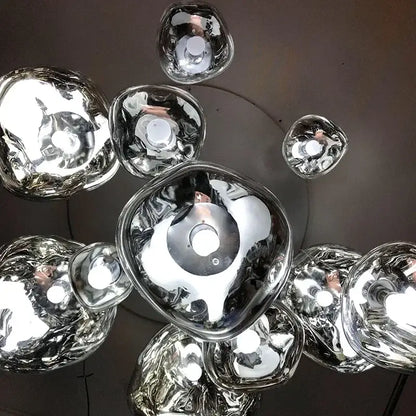 Silver reflective glass lava glass chandelier with organic bubble shapes from decorbites nordic lava collection