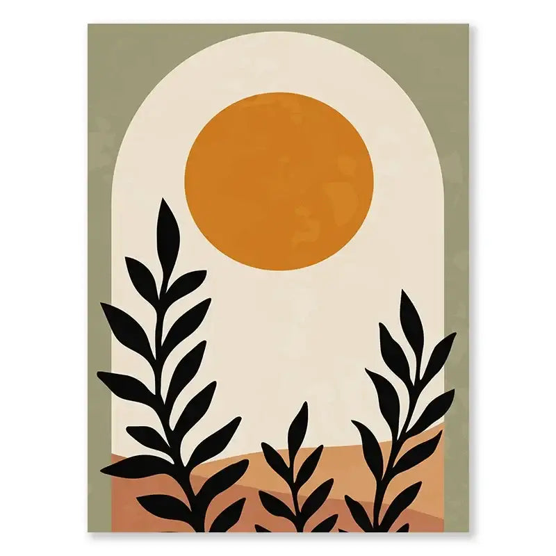 Decorbites abstract nordic leaf canvas wall art featuring warm orange sun and black foliage in muted olive terracotta tones wall art