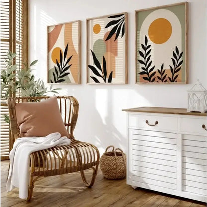 Decorbites™ abstract nordic leaf canvas wall art featuring three framed abstract wall art pieces with black leaves and earth tones