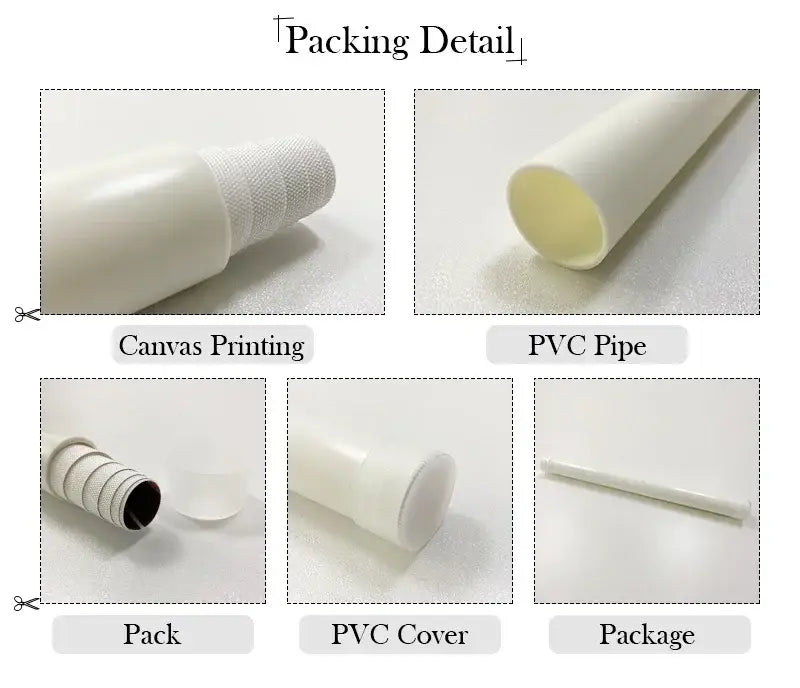 White pvc pipe with textured canvas printing and matching pvc cover for decorbites™ abstract nordic leaf abstract wall art packaging