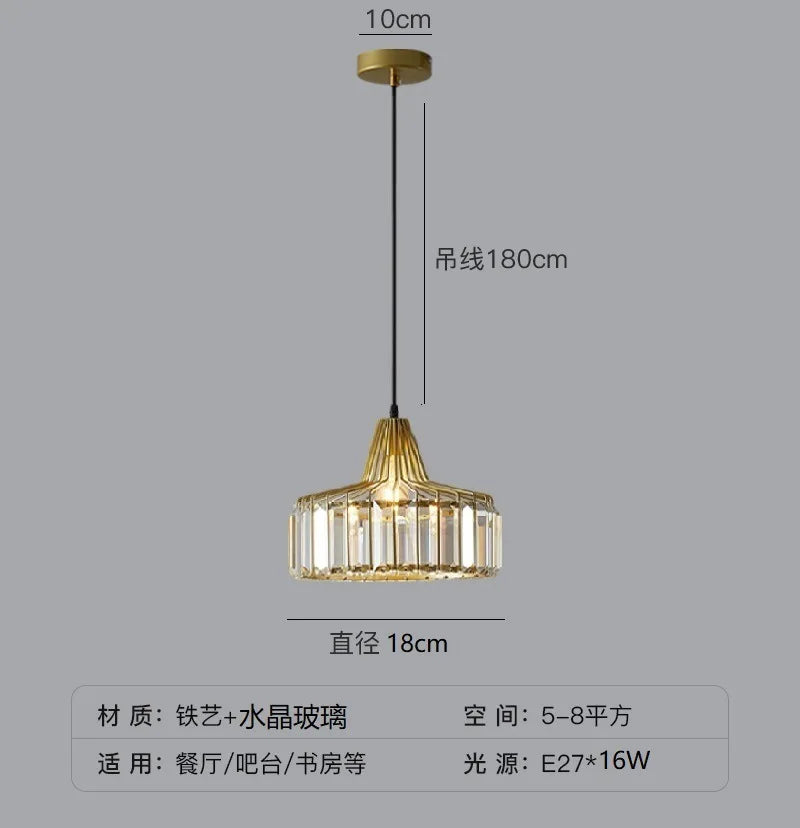 Gold-toned nordic LED crystal pendant lamp with vertical glass panels and iron frame, suspended by 180cm black cord