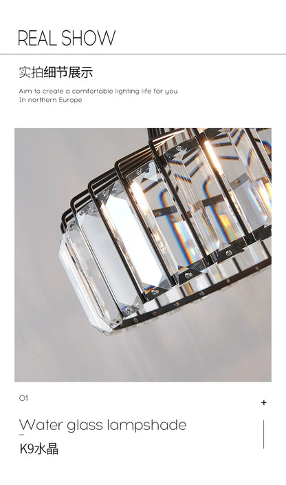 A modern black iron nordic LED crystal pendant lamp with clear k9 crystal prisms for kitchen island lighting