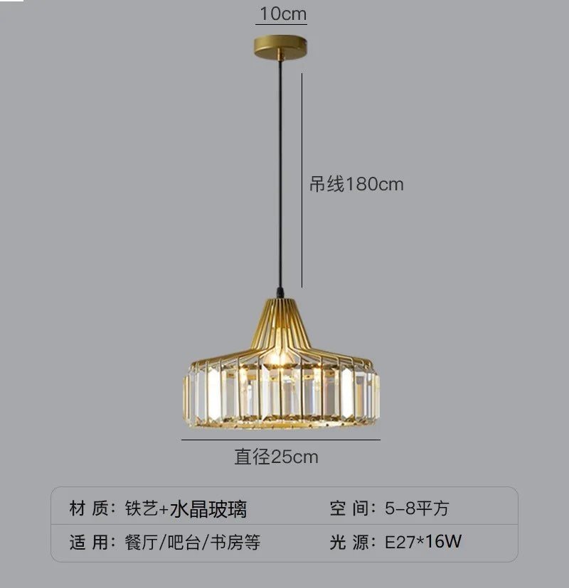 Gold-toned nordic LED crystal pendant lamp with modern geometric design and vertical glass prisms for kitchen island
