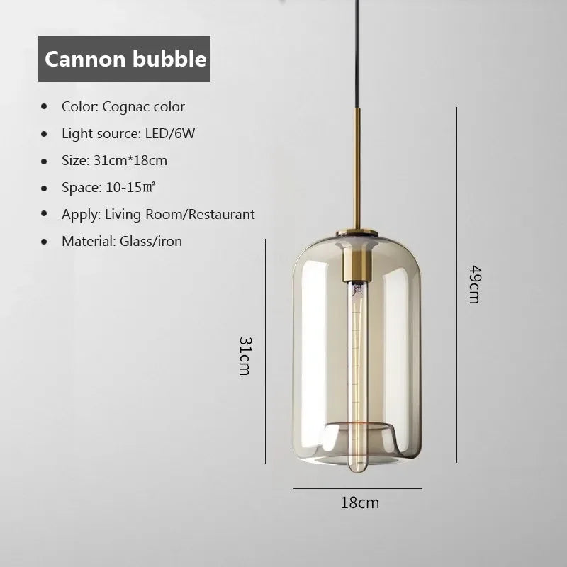 Cognac-colored glass and iron nordic led glass pendant light with cannon bubble design for dining room and home decor
