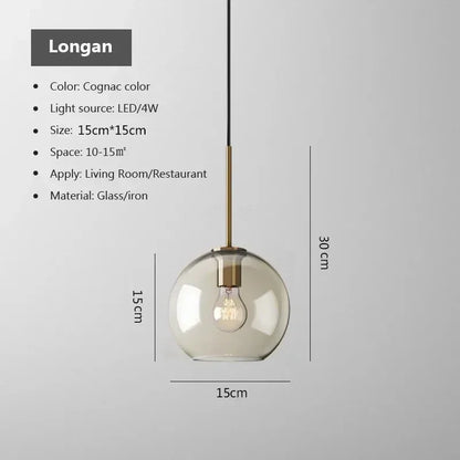 Nordic led glass pendant light with cognac spherical glass shade brass iron stem for dining room lighting