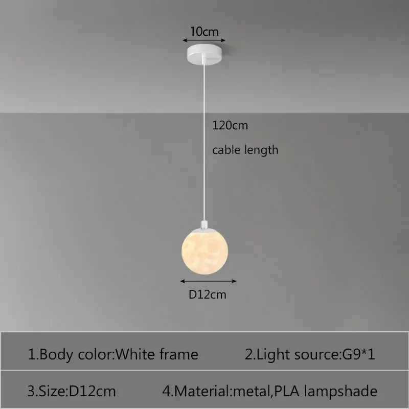 Minimalist white-framed nordic led moon pendant light with spherical pla shade for dining room kitchen decor