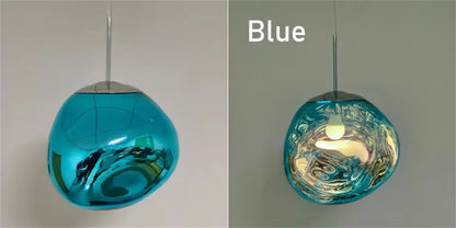 Vibrant blue glossy glass nordic led pvc pendant light with sleek metallic suspension for indoor home decor