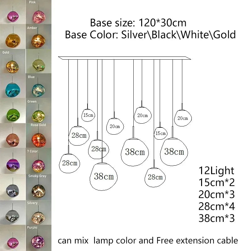 Modern nordic LED pendant light with silver base and multicolored glass globe lamps for indoor living and dining rooms