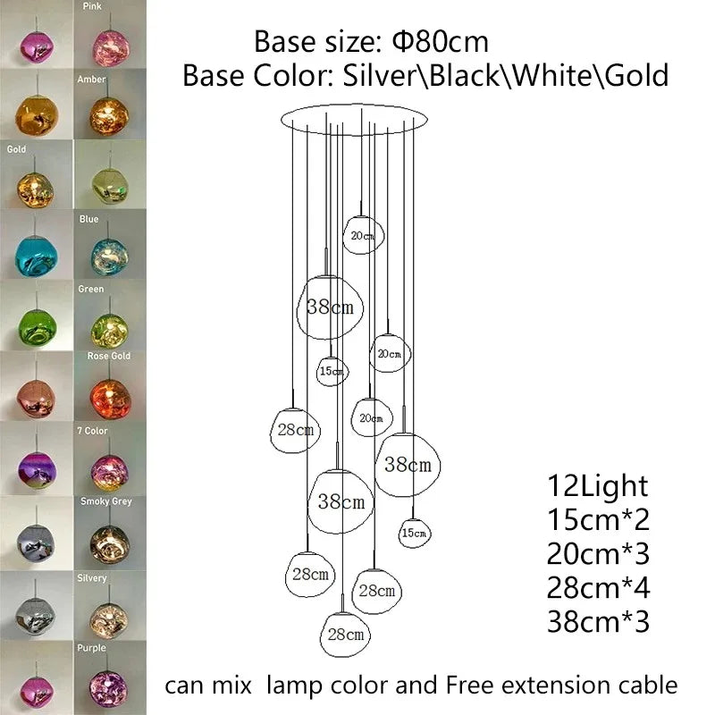 A modern Nordic LED PVC pendant light with a tiered design and 12 multicolored glass spheres for indoor use