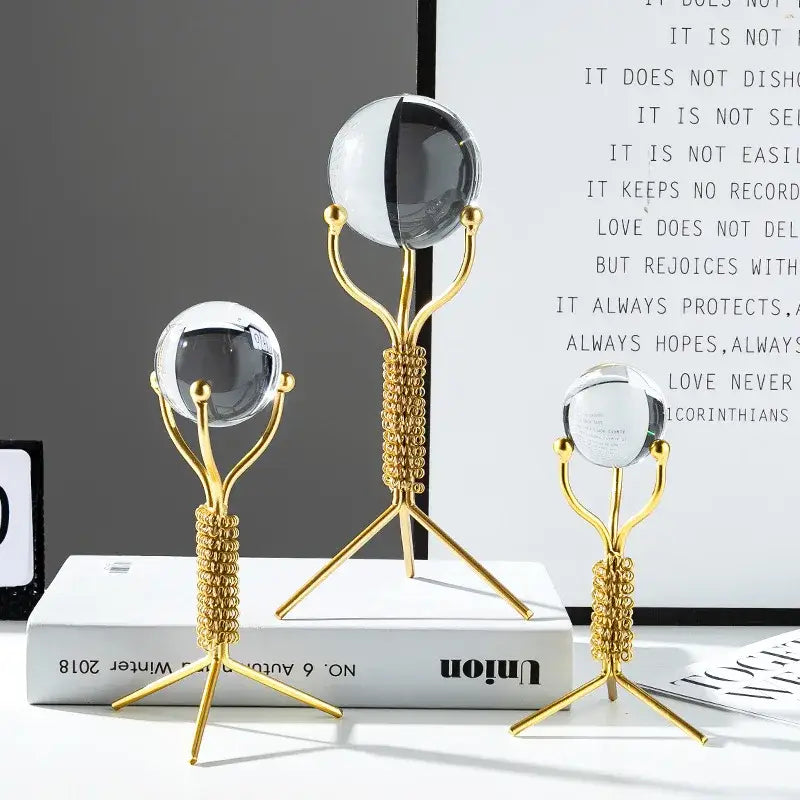 Three gold-toned metal crystal ball crafts with intricate beaded stems and glass spheres for nordic light luxury decor
