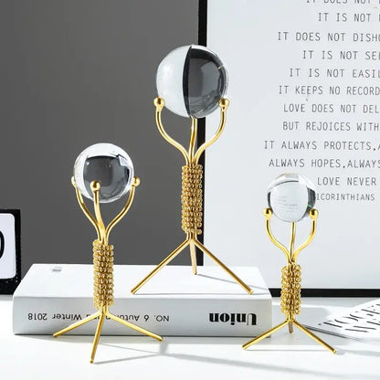 Three gold-toned metal crystal ball crafts with intricate beaded stems and glass spheres for nordic light luxury decor
