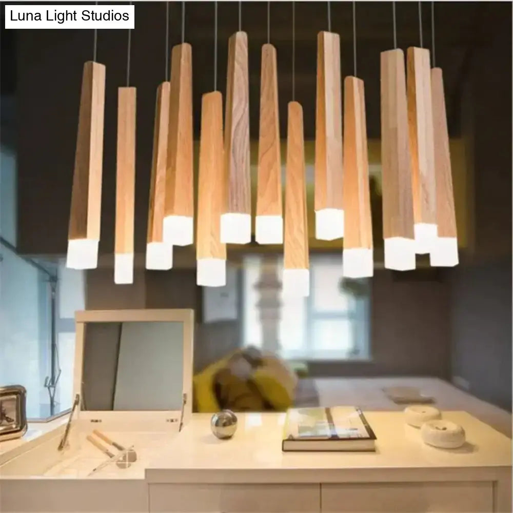 Modern wooden pendant lamp with warm natural finish and sleek rectangular design for nordic minimalist wood art style