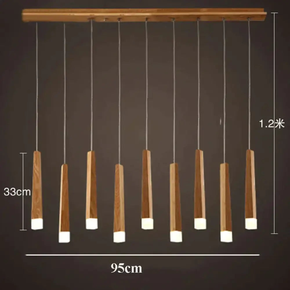 Nordic minimalist wood pendant lamp with nine warm-toned tapered shades and white LED bases for dining room