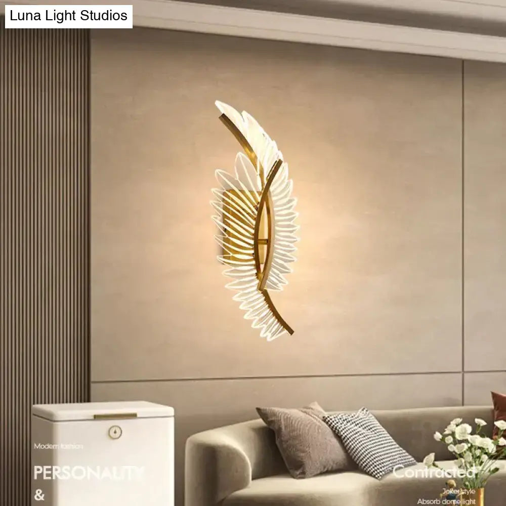 Nordic modern art gold feather wall lamp with translucent white glass accents for modern art bedside use