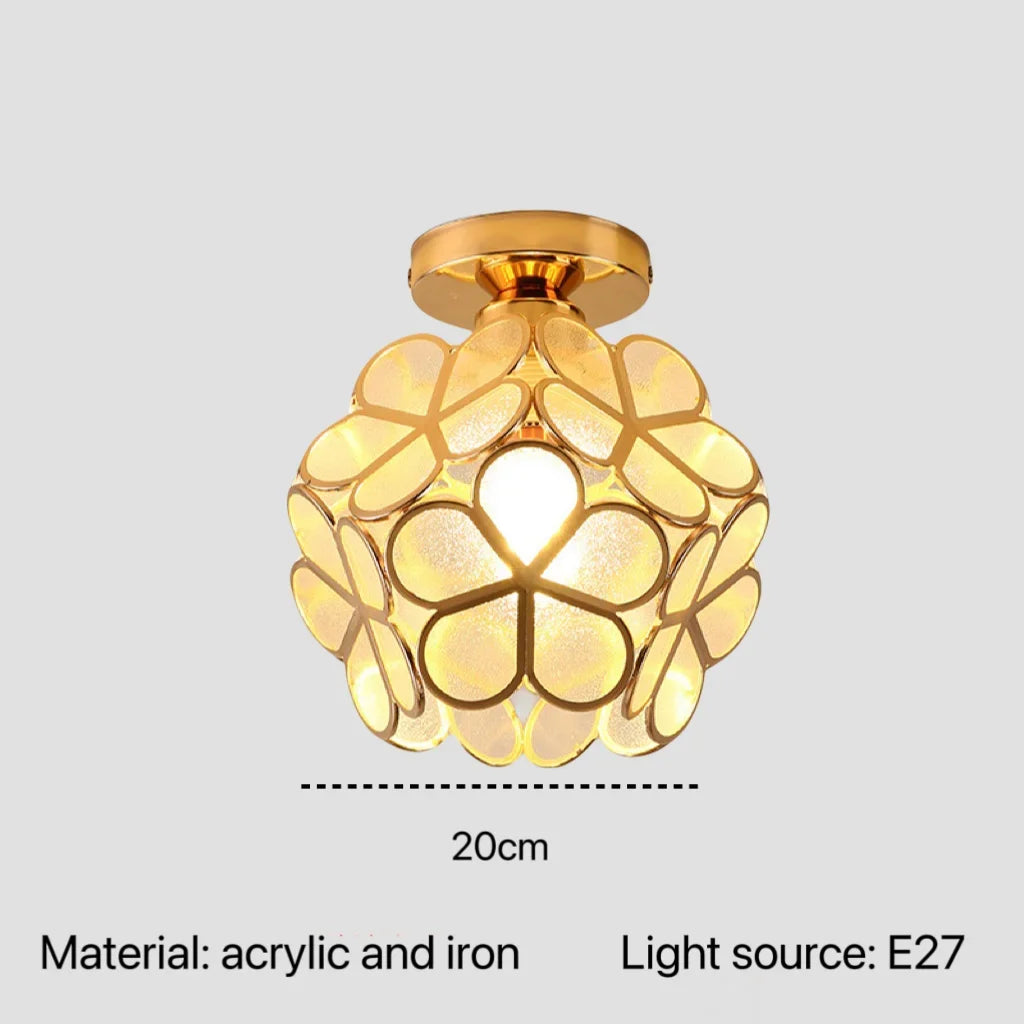 Golden Nordic modern petal acrylic and iron ceiling light fixture with illuminated flower design for bedroom and foyer lighting