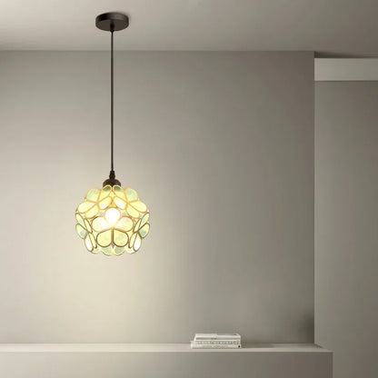 Nordic modern petal acrylic pendant lamp with greenish-yellow floral glass panels and warm led light for bedroom or foyer