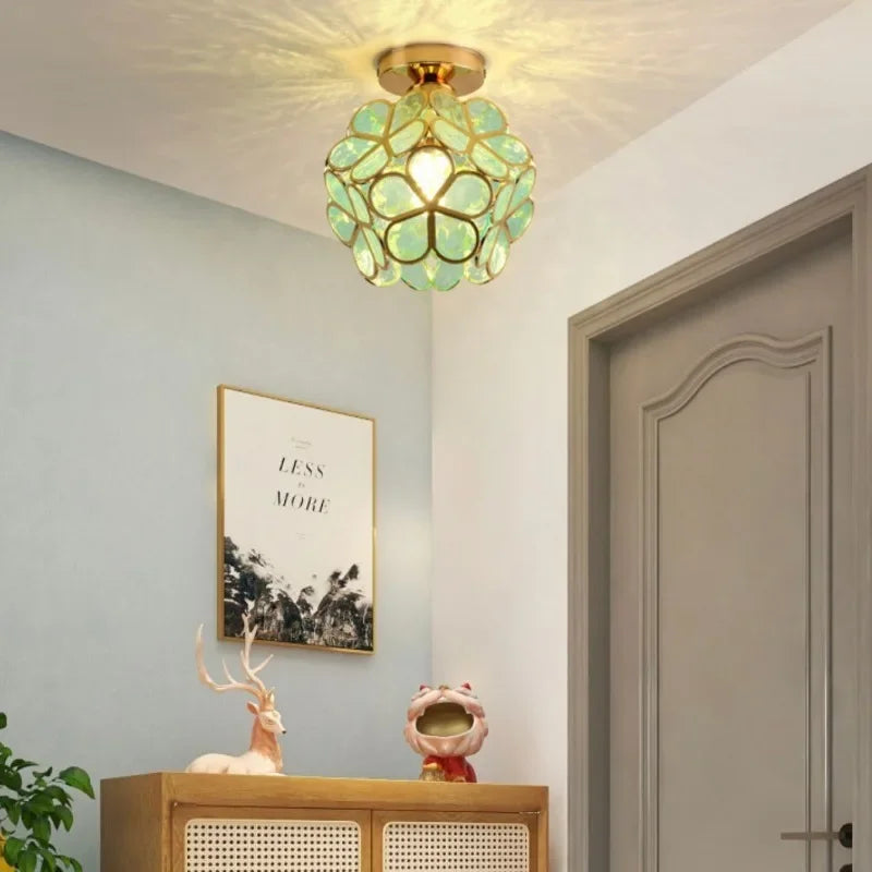 Delicate light green glass pendant lamp with gold metal frame and petal design for bedroom restaurant lighting