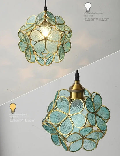 A delicate teal glass nordic modern petal acrylic pendant lamp with gold floral metal frame for bedroom and restaurant lighting