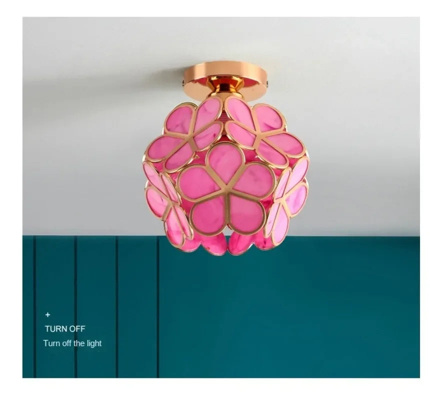 Pink floral glass ceiling light with rose gold metal frame nordic modern petal acrylic pendant lamp for bedroom and foyer