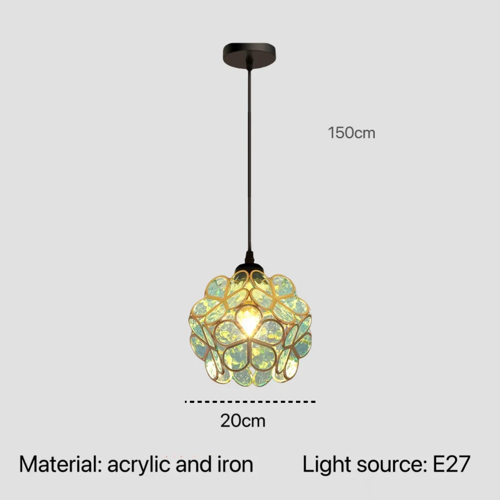 A spherical pendant light with green floral acrylic and iron design featuring an e27 bulb socket for modern interiors