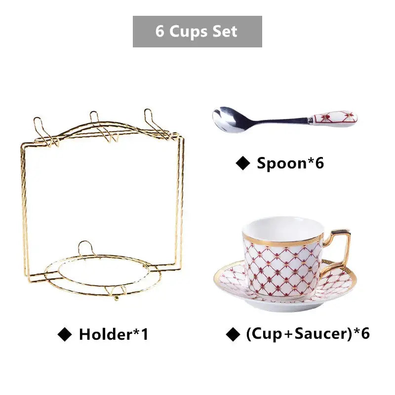 Elegant white bone china coffee set with red diamond lattice pattern and gold trim for dining room use