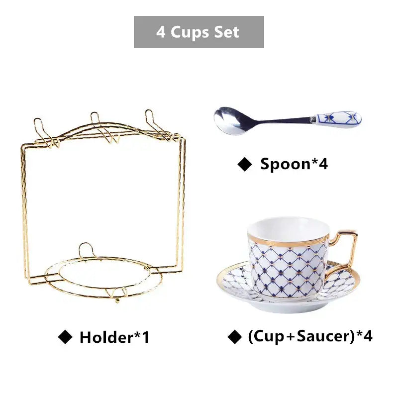 Elegant white bone china coffee cup with navy blue geometric pattern and gold rim paired with matching saucer