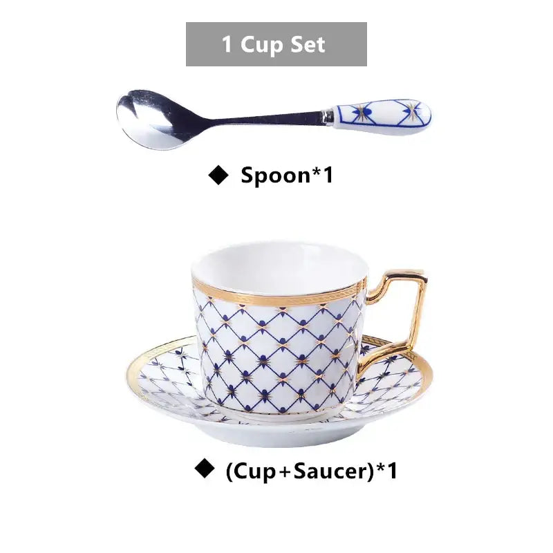 Elegant white bone china coffee set with navy geometric lattice pattern and gold trim for dining room use