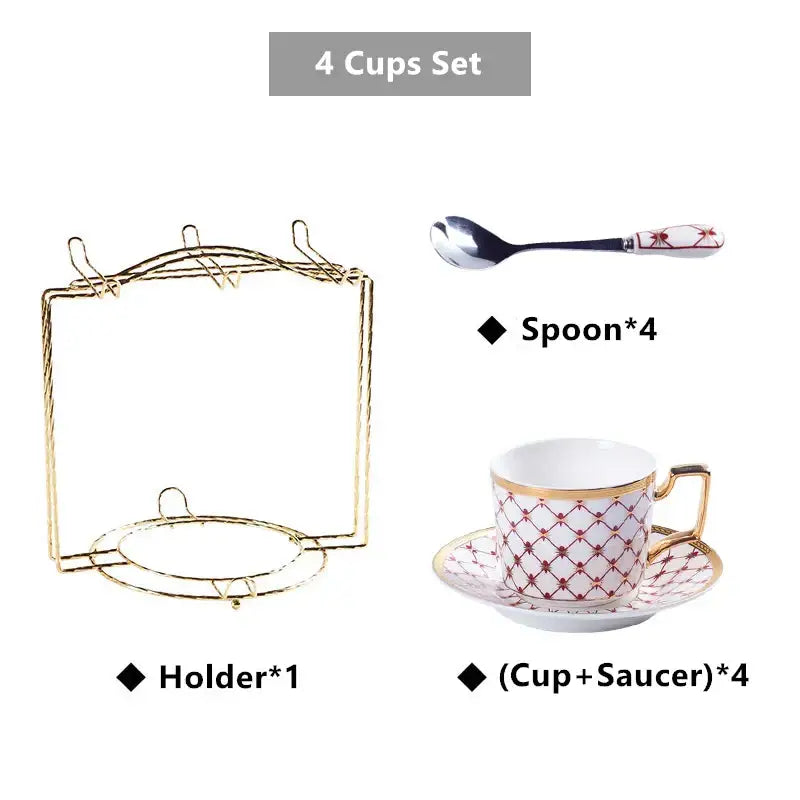 Set of four white bone china coffee cups and saucers with red geometric lattice and gold accents for dining room use